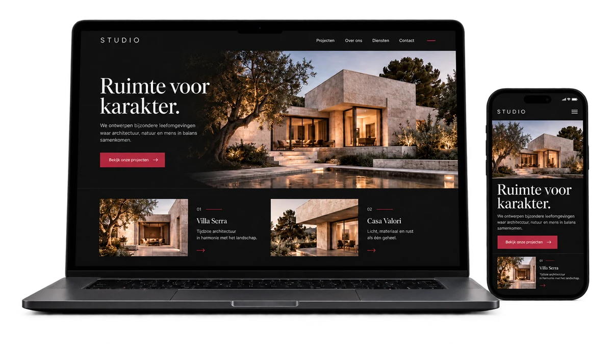 AI-concept van een architectuurwebsite op laptop en telefoon